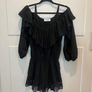VaVa by Joy Han Romper XS Black Ruffle Off Shoulder Long Sleeve Lace Trim‎ Boho